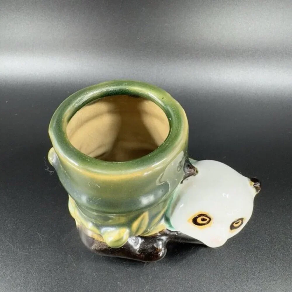 Vintage Majolica Style Ceramic Panda Bear With Bamboo Planter Small Vase Pottery